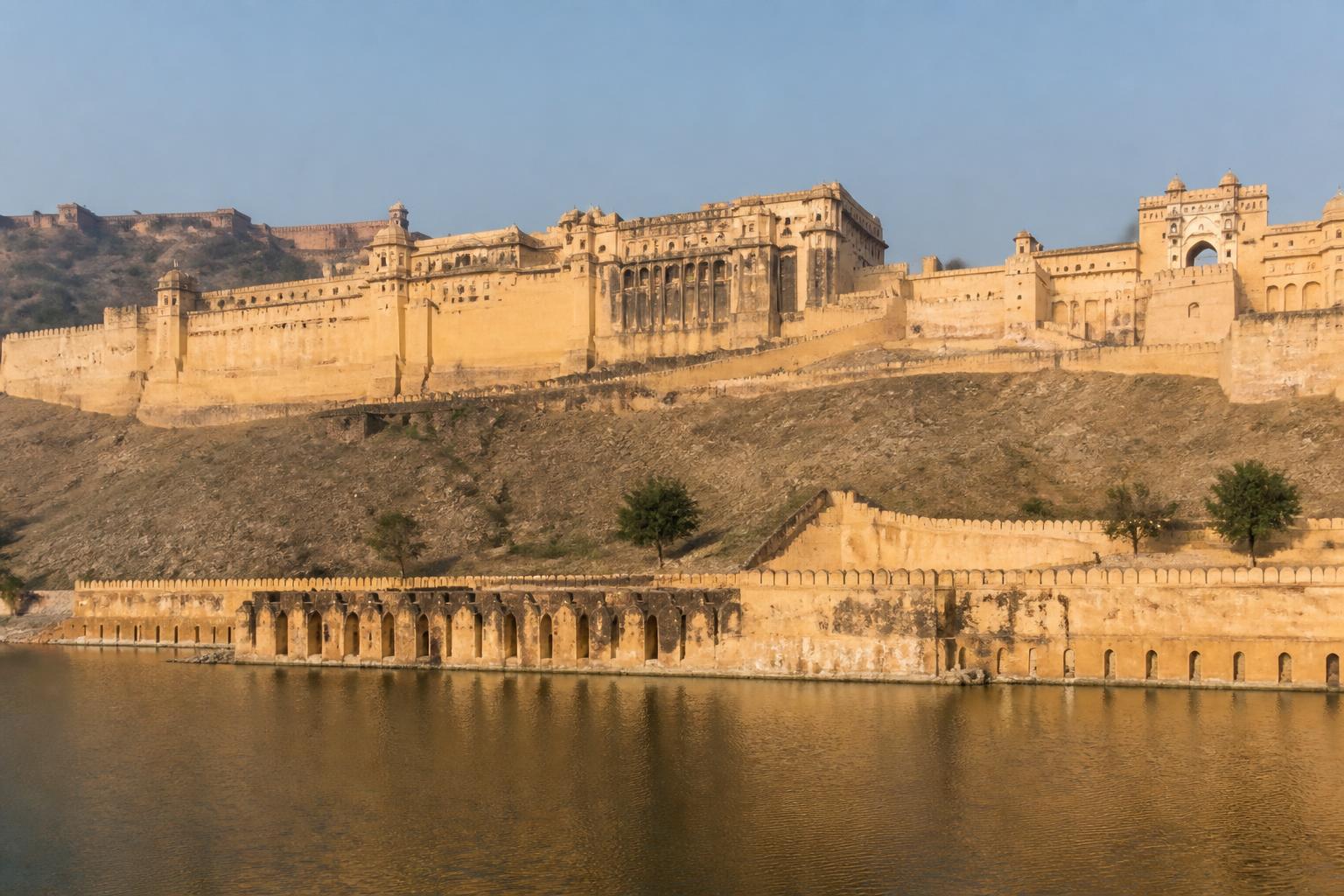 The pink sandstone facade of Hawa Mahal in Jaipur in morning light