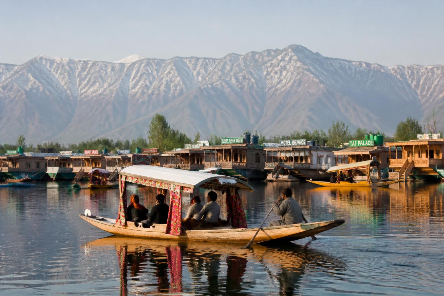 Kashmir — Shikara boats on Dal Lake in Kashmir at sunrise with Himalayan peaks behind