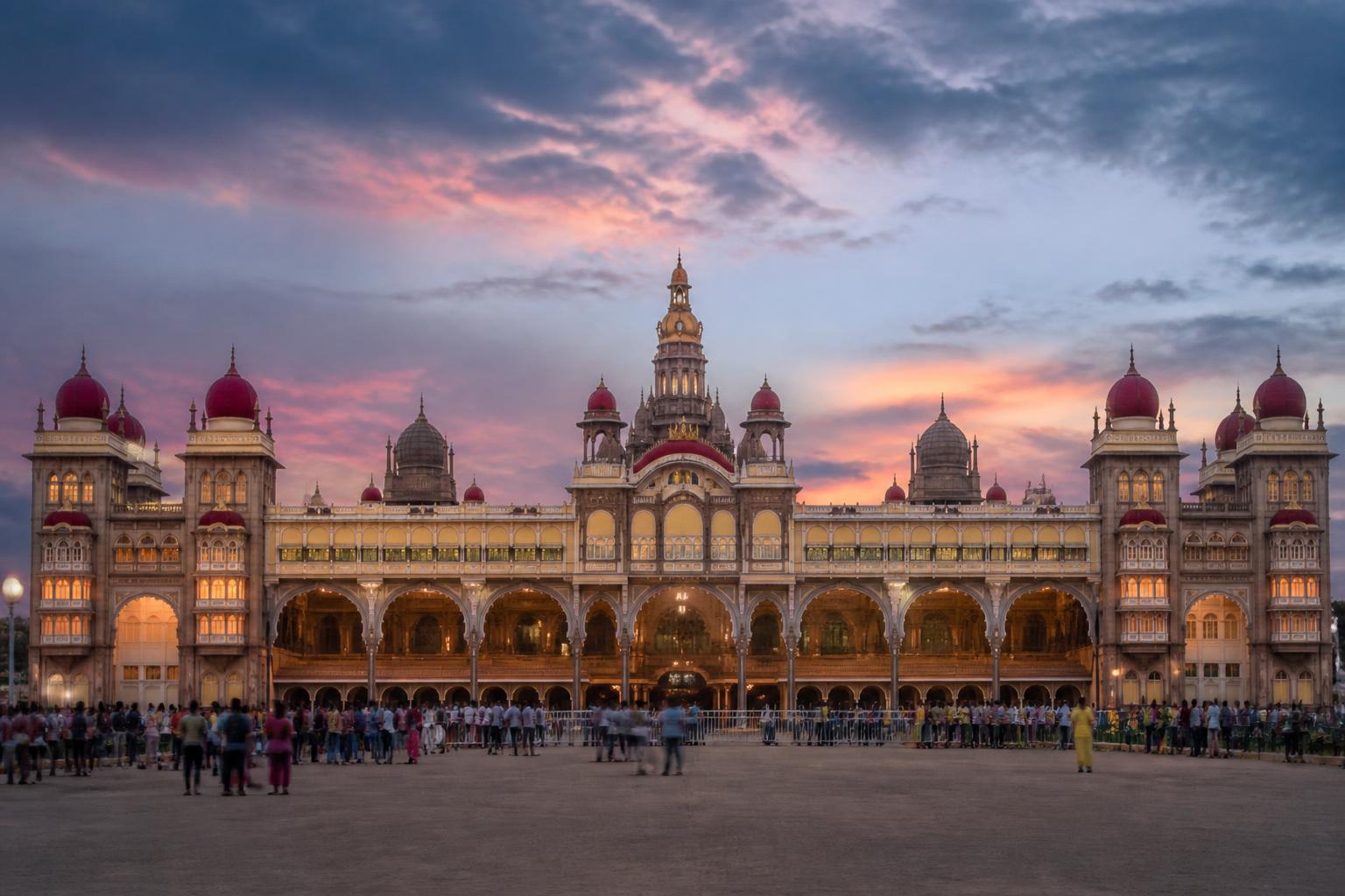 Mysore Palace illuminated at dusk