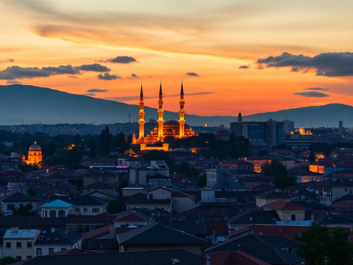 Baku cityscape at sunset with illuminated architecture