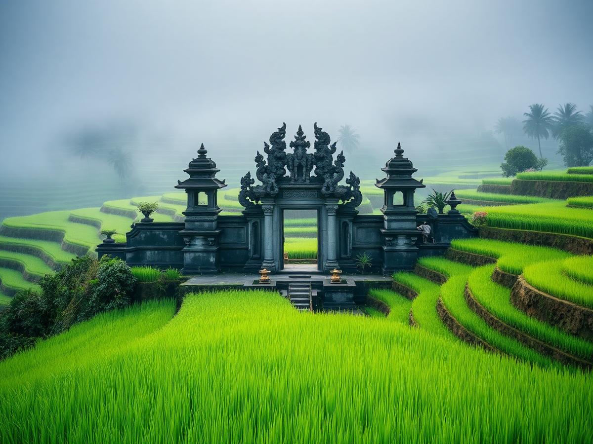Balinese temple gate surrounded by green rice terraces