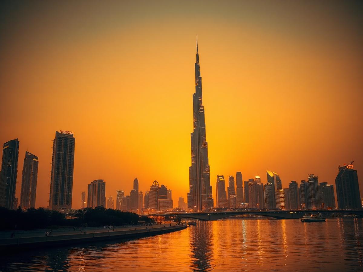 Dubai skyline with Burj Khalifa at golden hour