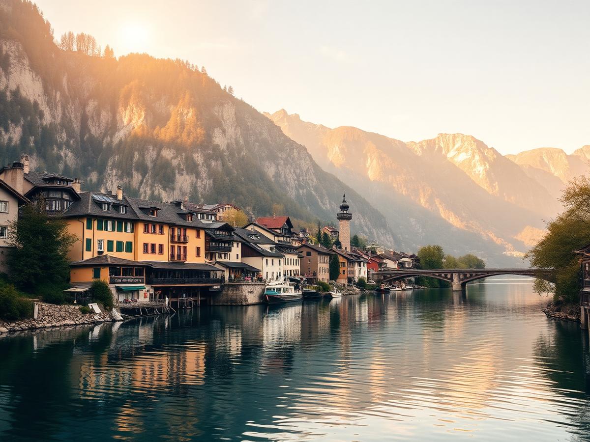 Alpine European village beside a lake at sunrise