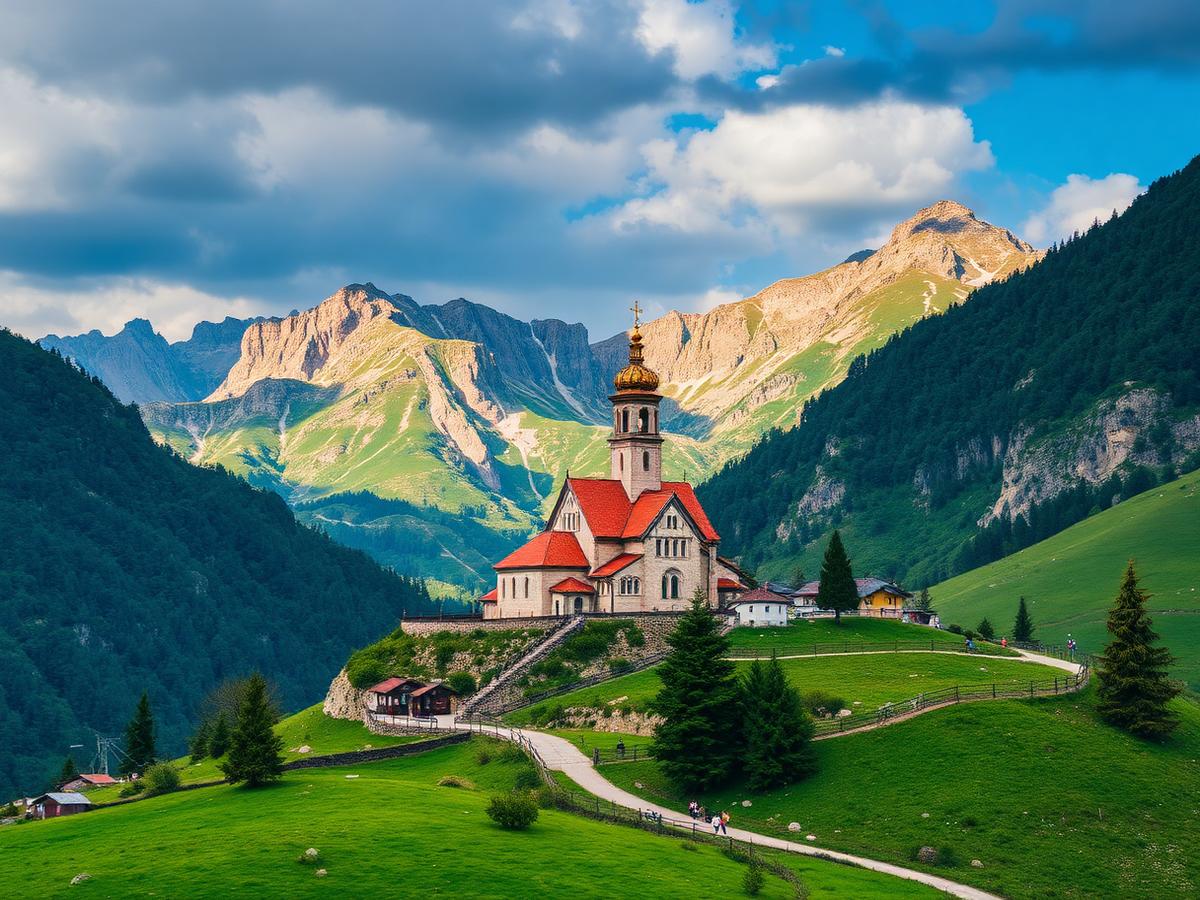 Church on a green hillside below the Caucasus mountains in Georgia