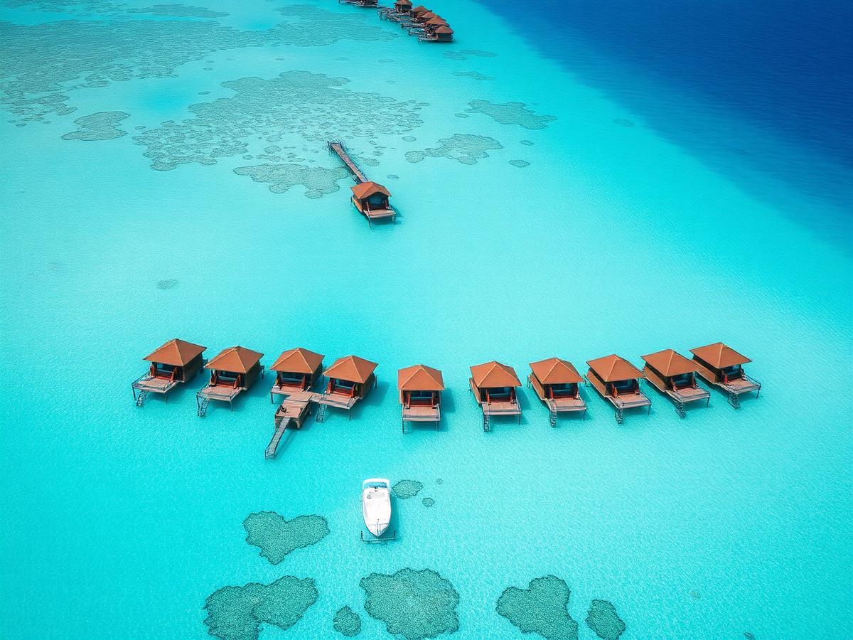 Overwater villas above a turquoise Maldivian lagoon seen from above