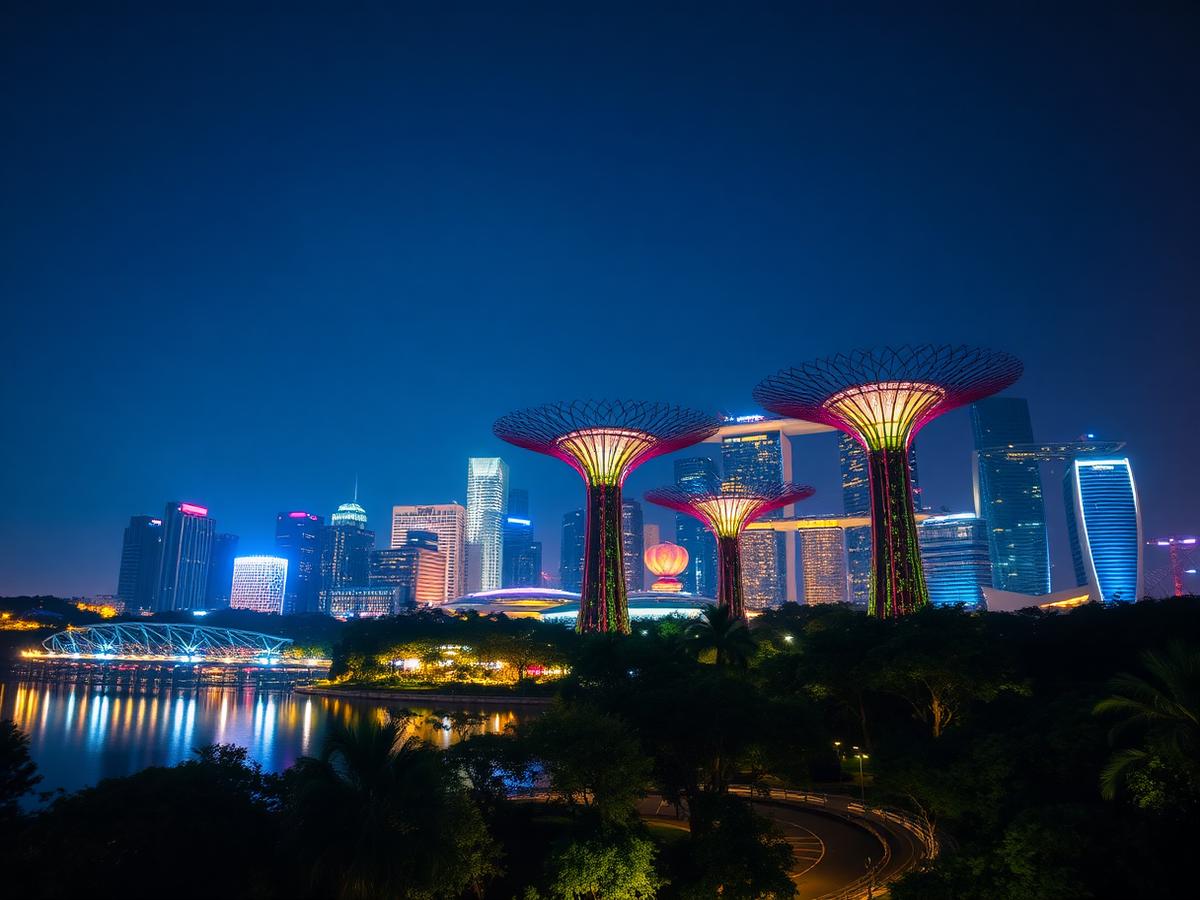 Singapore skyline and Gardens by the Bay supertrees at blue hour