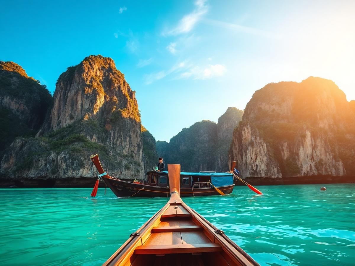 Longtail boat on turquoise water beside limestone cliffs in Thailand