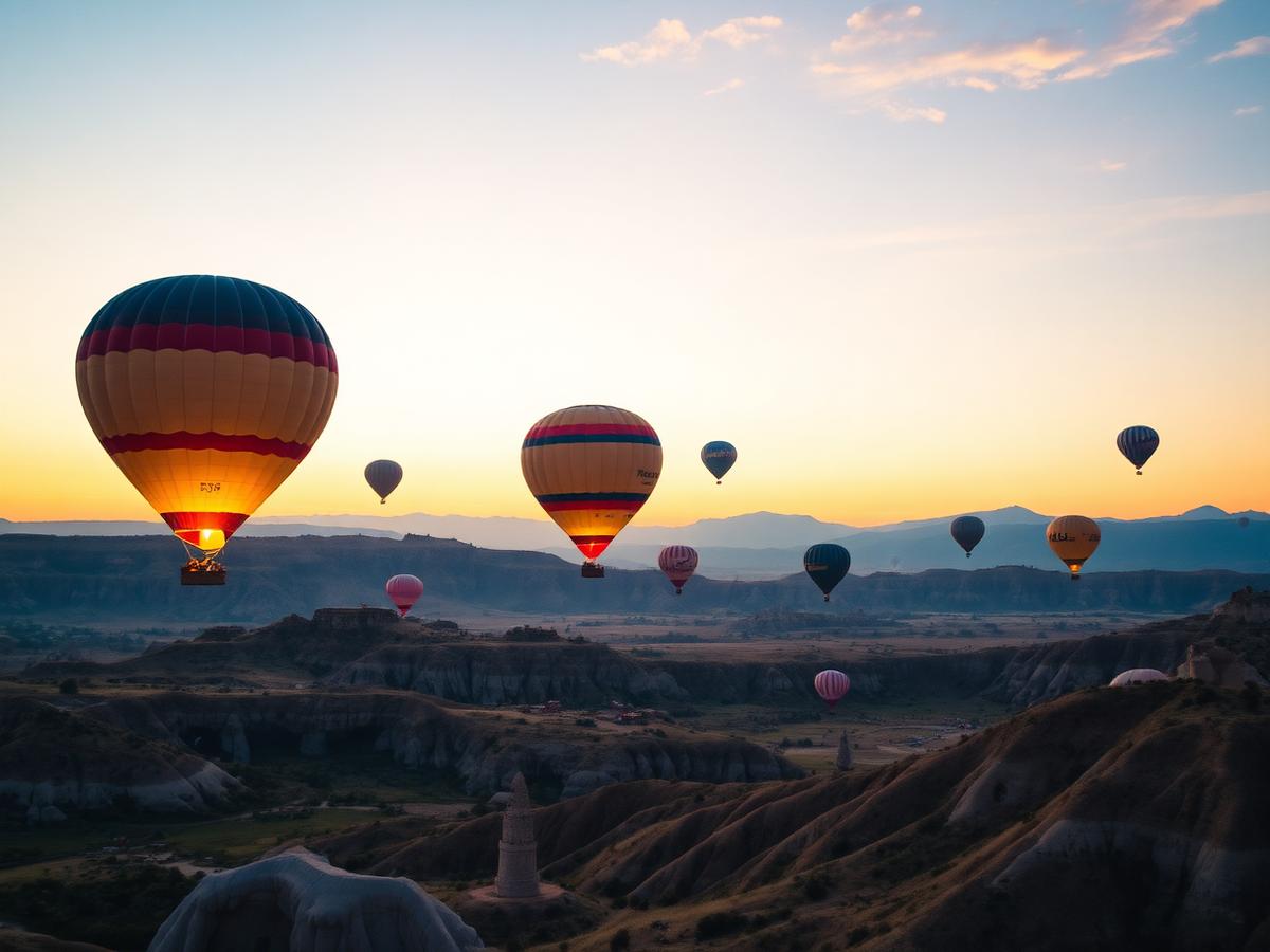 Hot air balloons over the Cappadocia valley at sunrise in Turkey