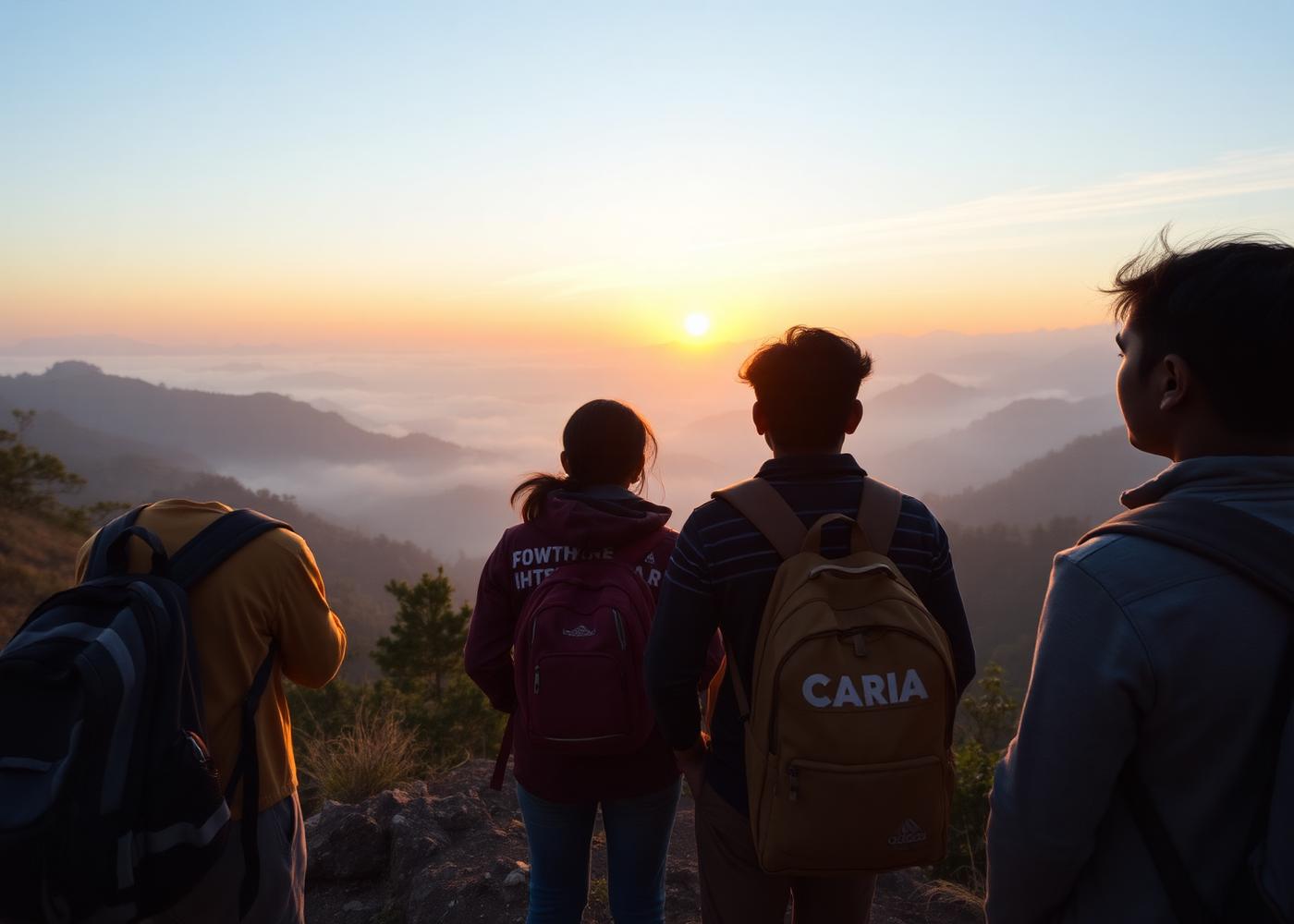 Travellers at a mountain viewpoint during a Hillview trip